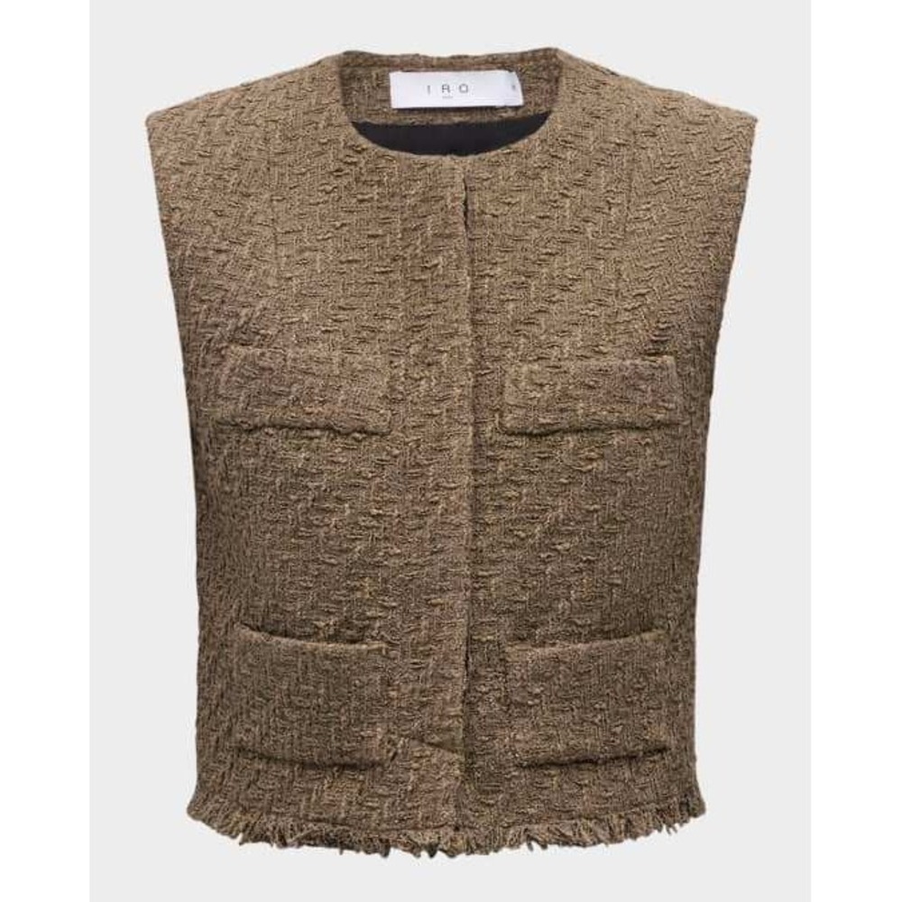 IRO Paris Ralphi Tweed Vest Brown Kaki Cotton Blend Frayed Hem New‎ Size 40